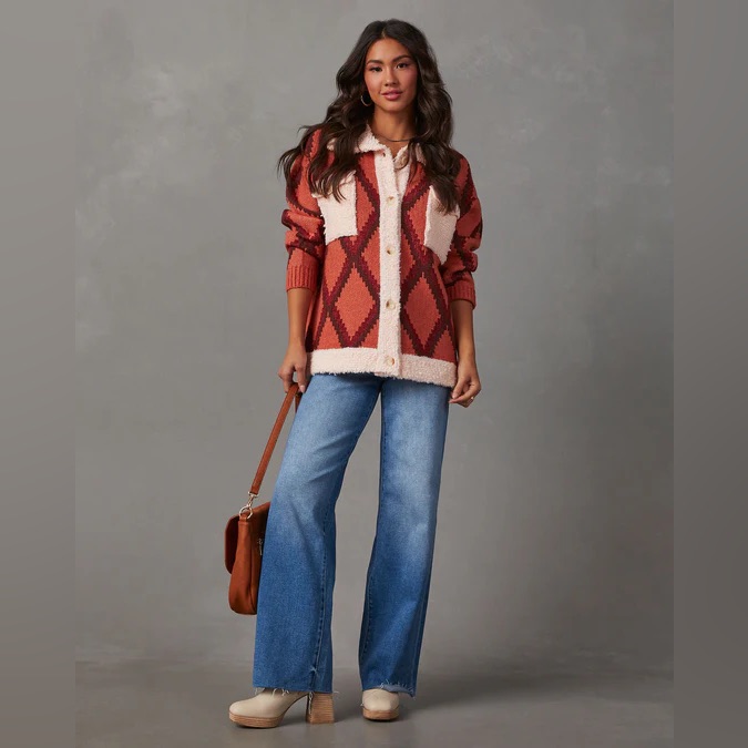 Nwot Vici Parkside Patterned Knit Jacket In Rust